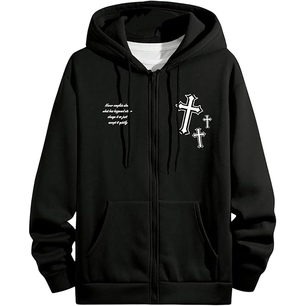 SHENHE Men's Graphic Cross Print Zip Up Drawstring Hoodie